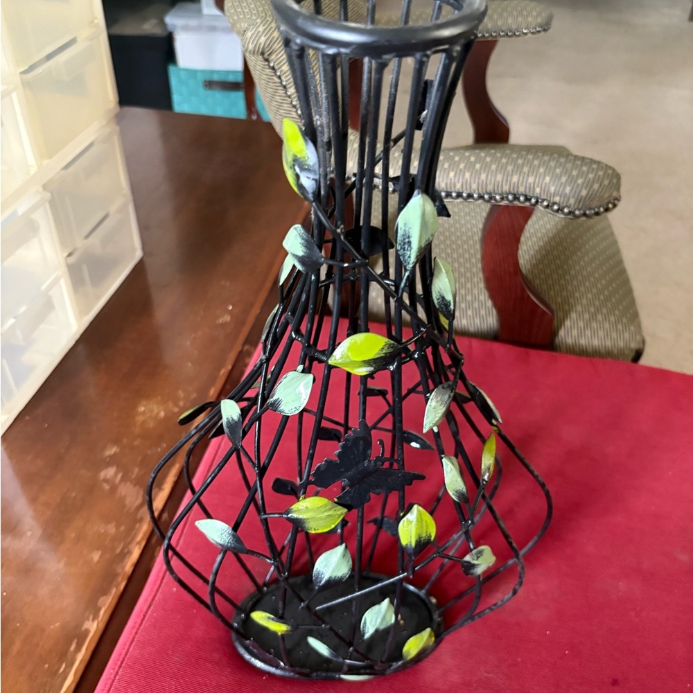 Decorative Black Metal Vase with Green Leaves